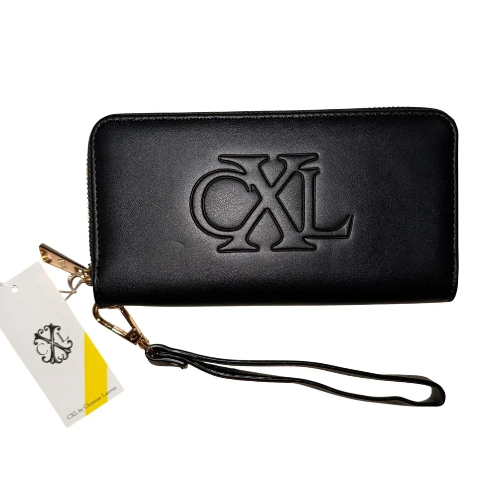 CXL by Christian Lacroix Black Embossed Logo Zip Around Wristlet Wallet NEW